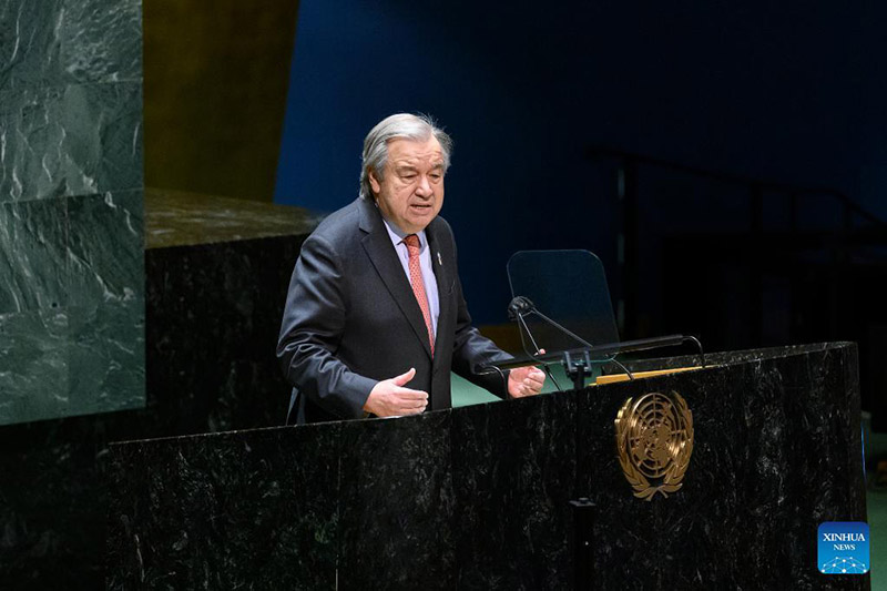 Katibu Mkuu wa Umoja wa Mataifa Antonio Guterres akihutubia Mkutano wa tano wa Nchi Zenye Maendeleo Duni (LDCs) kwenye Makao Makuu ya Umoja wa Mataifa mjini New York Machi 17, 2022. (Loey Felipe/Picha/Kitini cha Umoja wa Mataifa kupitia Xinhua)