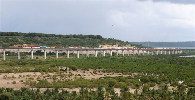 Julai 27, treni ya mizigo kwenye Reli ya Mombasa-Nairobi ikipita sehemu iliyo karibu na msitu wa mikoko huko Mombasa, Kenya. (Mpiga picha: Dong Jianghui)