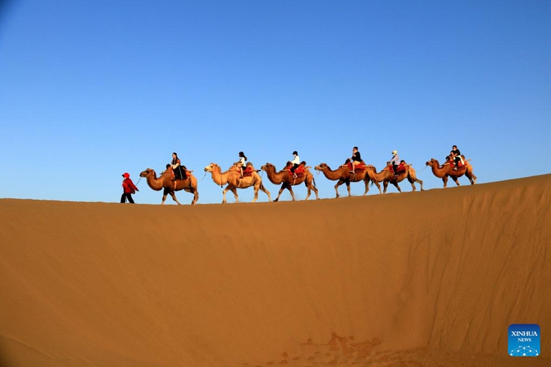 Picha iliyopigwa Septemba 10 ikionesha watalii wakipanda ngamia wakati wa likizo ya Sikukuu ya Mbalamwezi ya jadi ya China katika eneo la vivutio la Ziwa la Yueya la Mlima Mingsha la Mji wa Dunhuang, Mkoa wa Gansu wa Kaskazini Magharibi mwa China. (Zhang Xiaoliang/Xinhua)