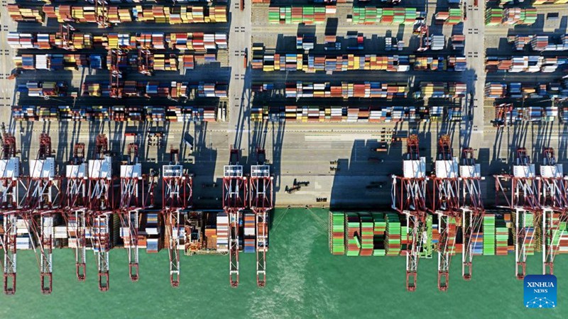 Picha hii iliyopigwa Januari 27, 2023 ikionyesha meli zinazobeba makontena zikiwa kwenye Gati la Kontena la Qianwan kwenye Bandari ya Qingdao katika Mkoa wa Shandong, Mashariki mwa China. (Xinhua/Li Ziheng)
