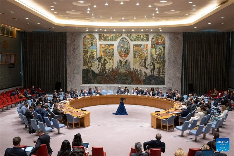 Baraza la Usalama la Umoja wa Mataifa likifanya mkutano wa dharura kuhusu hali ya Ukraine kwenye makao makuu ya Umoja wa Mataifa mjini New York, Juni 6, 2023. (Eskinder Debebe/Picha ya UN/ Xinhua)