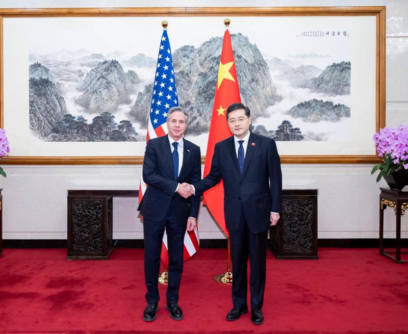 Waziri wa Mambo ya Nje wa China Qin Gang akifanya mazungumzo na Waziri wa Mambo ya Nje wa Marekani Antony Blinken mjini Beijing, China, Juni 18, 2023. (Xinhua/Zhai Jianlan)