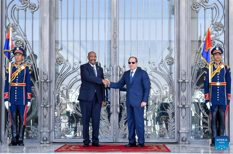 Rais wa Misri Abdel-Fattah al-Sisi (Kulia) akipeana mkono na Mwenyekiti wa Baraza Kuu la Sudan Abdel Fattah Al-Burhan, ambaye pia ni Kamanda Mkuu wa Vikosi vya Kijeshi vya Sudan, mjini New Alamein, Misri, Agosti 29, 2023. (Ikulu ya Misri / Xinhua)
