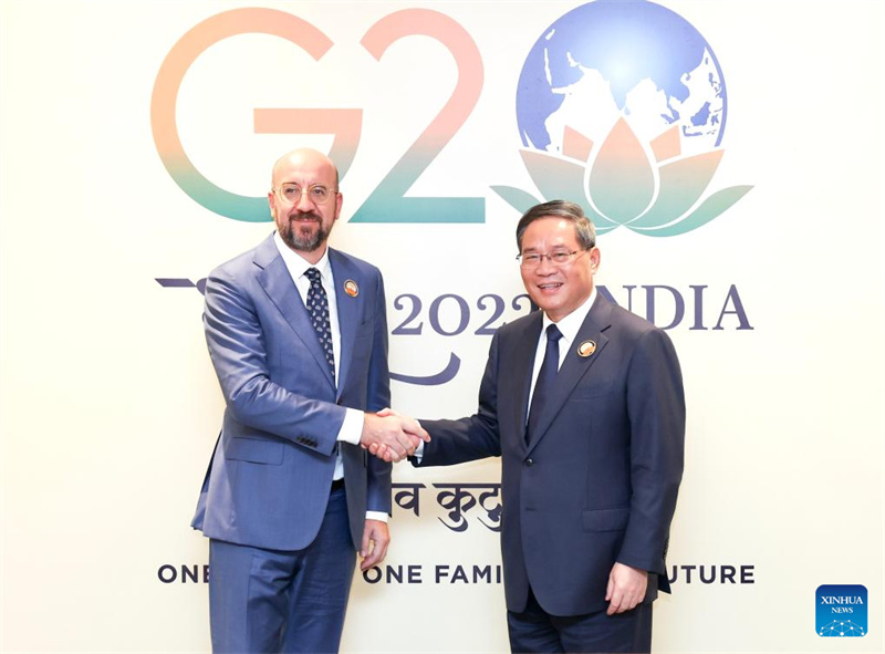 Waziri Mkuu wa China Li Qiang akikutana na Rais wa Baraza la Ulaya Charles Michel pembezoni mwa mkutano wa kilele wa Kundi la nchi 20 (G20) mjini New Delhi, India, Septemba 10, 2023. (Xinhua/Yao Dawei)