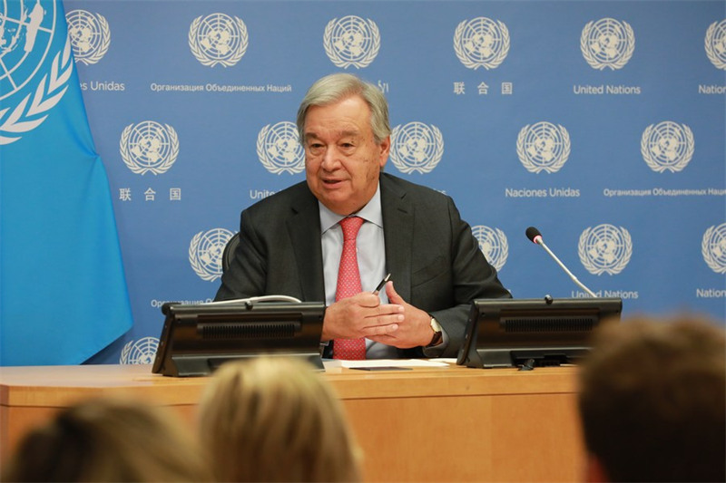 Katibu Mkuu wa Umoja wa Mataifa Antonio Guterres akizungumza katika mkutano na waandishi wa habari uliofanyika kuelekea wiki ya ngazi ya juu ya Mkutano wa 78 wa Baraza Kuu la Umoja wa Mataifa kwenye makao makuu ya Umoja wa Mataifa mjini New York, Marekani, Septemba 13, 2023. (Xinhua/Xie E)