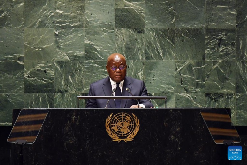 Rais wa Ghana Nana Addo Dankwa Akufo-Addo akitoa hotuba katika Mjadala Mkuu wa Mkutano wa 78 cha Baraza Kuu la Umoja wa Mataifa kwenye makao makuu ya Umoja wa Mataifa mjini New York, Septemba 20, 2023. (Xinhua/Li Rui)