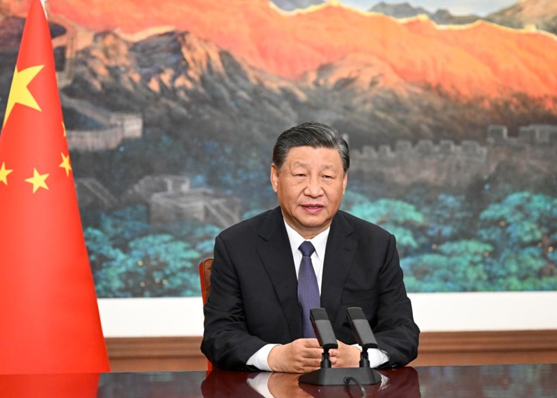 Rais Xi Jinping wa China akihutubia kwa njia ya video Mkutano wa Kilele wa Wuzhen wa Mkutano wa Mtandao wa Intaneti Duniani wa Mwaka 2023 (WIC), Novemba 8, 2023. (Xinhua/Li Xueren)