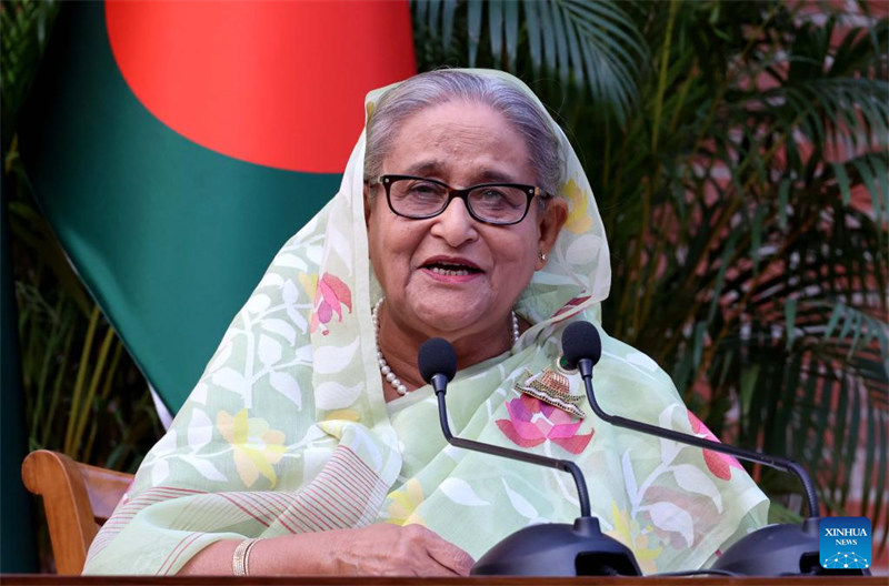 Waziri Mkuu wa Bangladesh Sheikh Hasina akizungumza kwenye mkutano mjini Dhaka, Bangladesh, Januari 8, 2024. (Ofisi ya Waziri Mkuu Bangladesh / Xinhua)