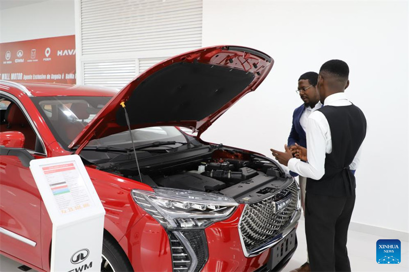 Mfanyakazi akimfahamisha mteja kuhusu gari jipya linalotengenezwa na kiwanda cha chapa ya magari ya China ya Great Wall (GWM) kwenye duka la kwanza la 4S la GWM mjini Luanda, Angola, Januari 10, 2024. (Xinhua/Lyu Chengcheng)