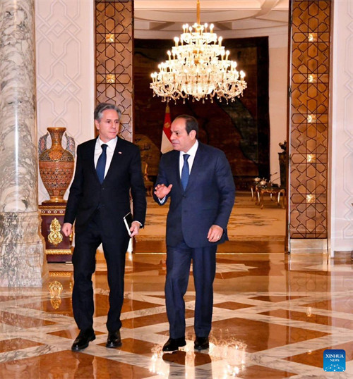 Rais wa Misri Abdel-Fattah al-Sisi (Kulia) akizungumza na Waziri wa Mambo ya Nje wa Marekani Antony Blinken mjini Cairo, Misri, Januari 11, 2024. (Ikulu ya Misri/ Xinhua)