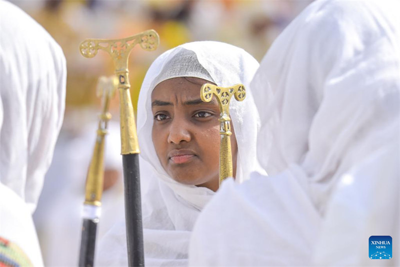 Watu wakisherehekea Sikukuu ya Timket, ambayo ni sikukuu ya kila mwaka ya Ubatizo ya Ethiopia, mjini Addis Ababa, Ethiopia, Januari 20, 2024.  (Xinhua/Michael Tewelde)