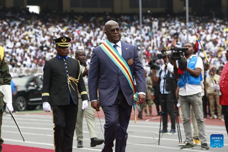 Rais Mteule wa Jamhuri ya Kidemokrasia ya Kongo (DRC) Felix Tshisekedi akishiriki kwenye sherehe za kuapishwa kwake huko Kinshasa, Jamhuri ya Kidemokrasia ya Kongo, Januari 20, 2024. (Str/Xinhua)