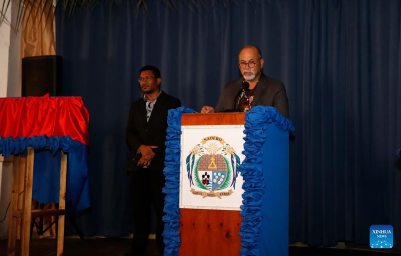 Waziri wa Mambo ya Nje na Biashara wa Nauru Lionel Aingimea akizungumza kwenye hafla ya kufunguliwa tena kwa ubalozi wa China nchini Nauru iliyofanyika katika hoteli moja nchini humo , Januari 29, 2024. (Picha na Chen Guolong/Xinhua)