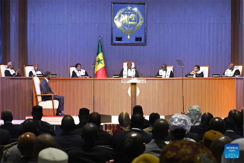 Bassirou Diomaye Faye, Rais mpya aliyechaguliwa wa Senegal, akiwa kwenye hafla ya kuapishwa kwake mjini Diamniadio, Senegal, Aprili 2, 2024. (Picha na Demba Gueye/Xinhua)