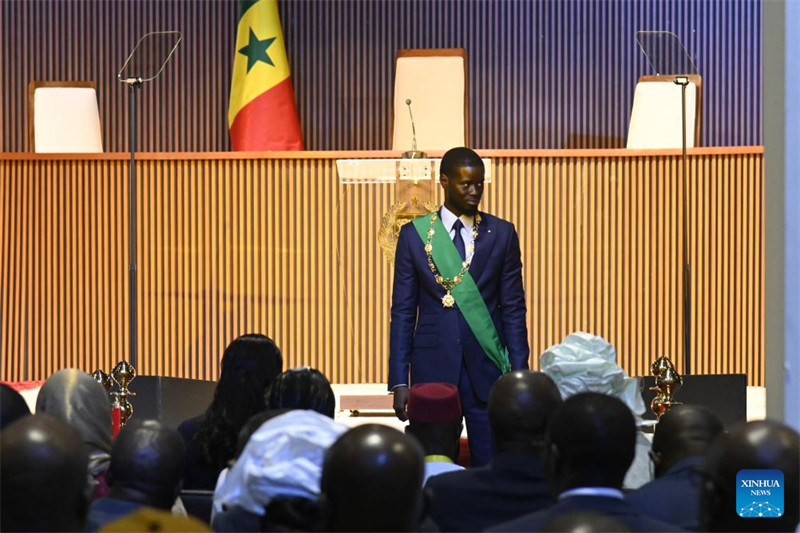 Bassirou Diomaye Faye, Rais mpya aliyechaguliwa wa Senegal, akiwa kwenye hafla ya kuapishwa kwake mjini Diamniadio, Senegal, Aprili 2, 2024. (Picha na Demba Gueye/Xinhua)
