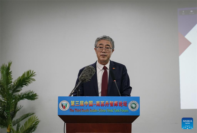 Ma Qiang, Balozi wa China nchini Sudan Kusini, akihutubia Baraza la tatu la Washauri Bingwa la Sudan Kusini na China mjini Juba, Sudan Kusini, Aprili 12, 2024. (Xinhua/Han Xu)