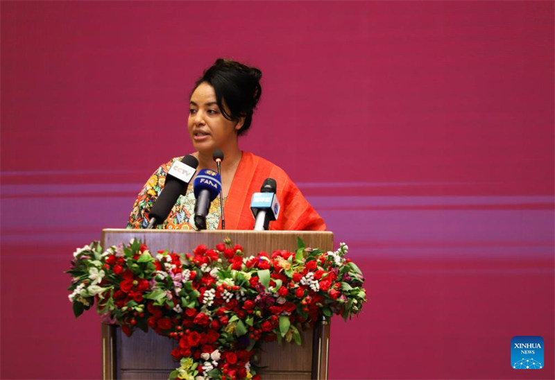Waziri wa Wanawake na Mambo ya Kijamii wa Ethiopia Ergogie Tesfaye akizungumza katika hafla mjini Addis Ababa, Ethiopia, Mei 10, 2024. (Xinhua/Michael Tewelde)