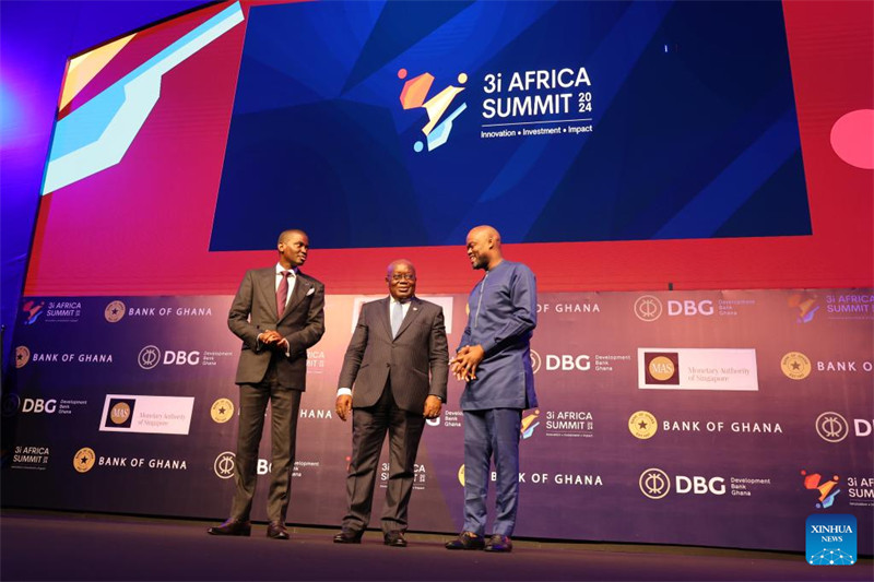 Rais wa Ghana Nana Addo Dankwa Akufo-Addo (C) akishiriki katika hafla ya ufunguzi wa Mkutano wa Kilele wa 3i wa Afrika mjini Accra, Ghana, Mei 13, 2024. (Picha na Seth/Xinhua)