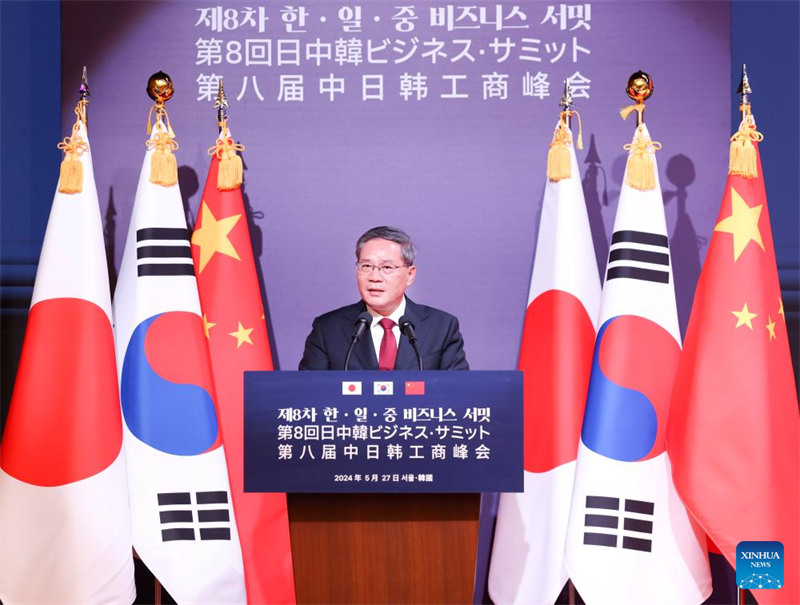 Waziri Mkuu wa China Li Qiang akizungumza kwenye mkutano wa nane wa kibiashara kati ya China, Japan na Korea Kusini, mjini Seoul, Jamhuri ya Korea, Mei 27, 2024. (Xinhua/Pang Xinglei)
