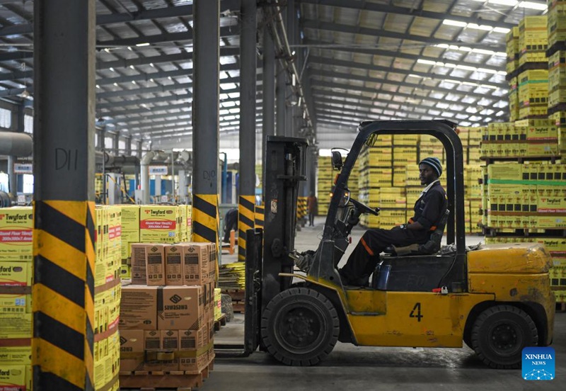 Mfanyakazi akiendesha mashine ya kubeba mizigo, Forklift kuhamisha vifurushi vya vigae kwenye kiwanda cha bidhaa za kauri cha KEDA (Kenya) katika Kaunti ya Kajiado, Kenya, Mei 17, 2024. (Xinhua/Li Yahui)