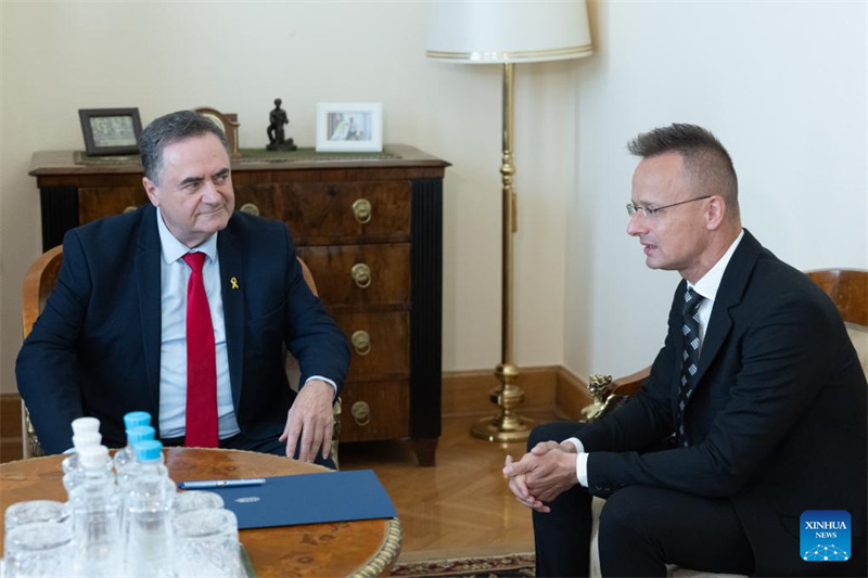 Waziri wa Mambo ya Nje na Biashara wa Hungary Peter Szijjarto (Kulia) akikutana na Waziri wa Mambo ya Nje wa Israel Israel Katz mjini Budapest, Hungary, Juni 17, 2024. (Picha na Attila Volgyi/Xinhua)