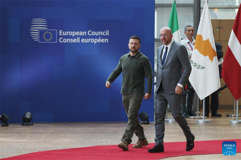 Rais wa Baraza la Ulaya Charles Michel (Kulia) na Rais wa Ukraine Volodymyr Zelensky wakiwasili kwa ajili ya mkutano wa kilele wa Baraza la Ulaya mjini Brussels, Ubelgiji, Juni 27, 2024. (Xinhua/Zhao Dingzhe)