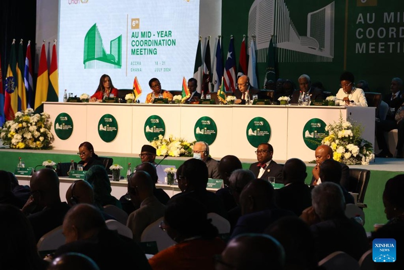 Picha hii iliyopigwa tarehe 21 Julai 2024 ikionyesha Mkutano wa 6 wa Uratibu wa Katikati ya Mwaka wa Umoja wa Afrika (AU) ukifanyika mjini Accra, Ghana. (Picha na Seth/Xinhua)