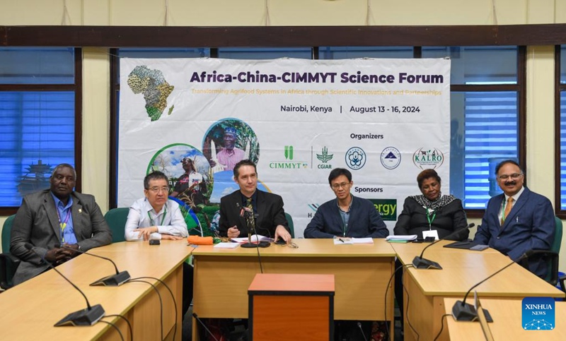 Mkutano na waandishi wa habari ukifanyika wakati wa Jukwaa la Sayansi la Afrika-China-CIMMYT mjini Nairobi, Kenya, Agosti 13, 2024. (Xinhua/Li Yahui)