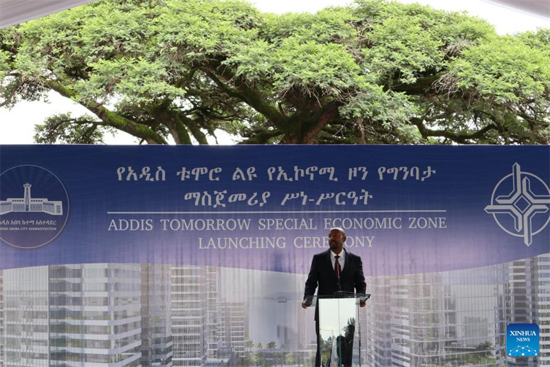 Waziri Mkuu wa Ethiopia Abiy Ahmed akizungumza kwenye hafla ya uzinduzi wa ujenzi wa eneo la kiuchumi utakaofanywa na kampuni ya China mjini Addis Ababa, Ethiopia, Agosti 14, 2024. (Xinhua/Liu Fangqiang)