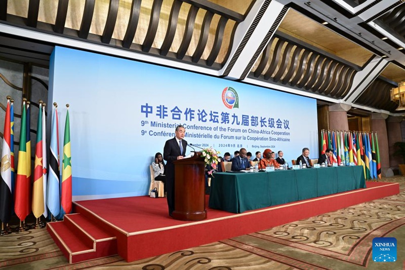 Chinese Foreign Minister Wang Yi, also a member of the Political Bureau of the Communist Party of China Central Committee, addresses the Ninth Ministerial Conference of the Forum on China-Africa Cooperation (FOCAC) in Beijing, capital of China, Sept. 3, 2024. 