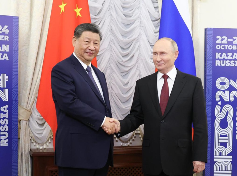 Rais wa China Xi Jinping akikutana na Rais wa Russia Vladimir Putin  huko Kazan, Russia, Oktoba 22, 2024. (Xinhua/Ding Haitao)