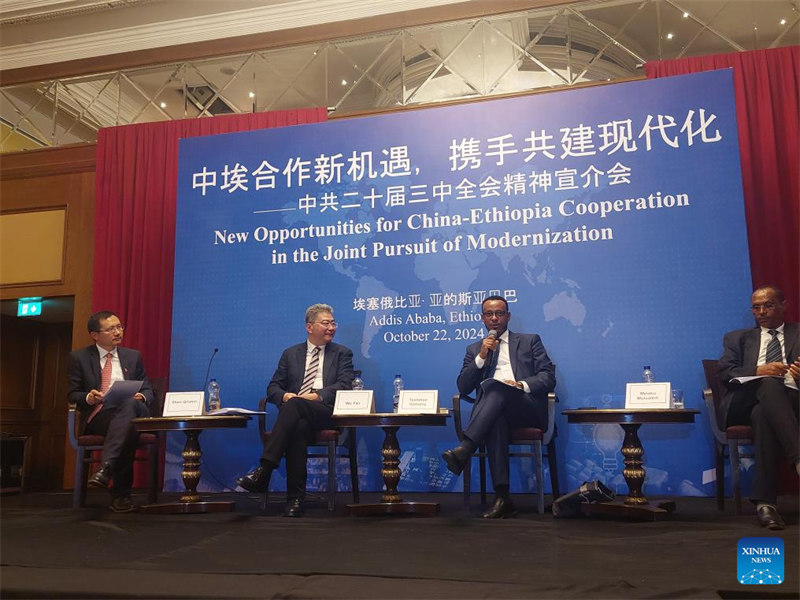 Wataalamu na maofisa wa China na Ethiopia wakifanya majadiliano ya wanajopo kwenye mazungumzo ya ngazi ya juu ya kunufaika pamoja uzoefu mjini Addis Ababa, Ethiopia, tarehe 22 Oktoba 2024. (Xinhua/Habtamu Worku)