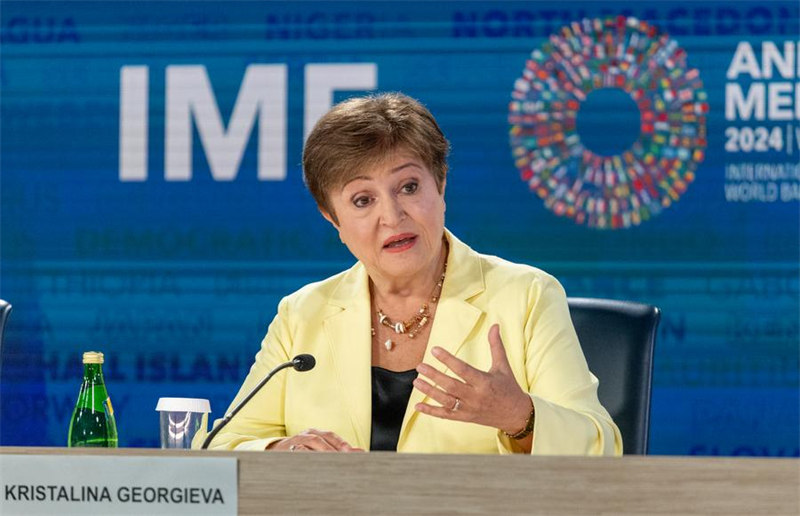 Mkurugenzi Mkuu wa Shirika la Fedha la Kimataifa (IMF) Kristalina Georgieva akizungumza katika mkutano na waandishi wa habari mjini Washington, D.C., Marekani, Oktoba 24, 2024. (Xinhua/Hu Yousong)
