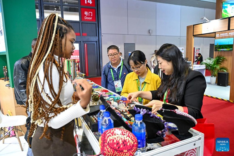 Wageni wakitazama bidhaa katika Banda la Togo wakati wa Maonyesho ya 7 ya Kimataifa ya Uagizaji Bidhaa kutoka nje ya China (CIIE) huko Shanghai, mashariki mwa China, Novemba 7, 2024. (Xinhua/Zhang Cheng)
