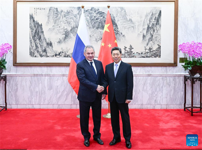 Chen Wenqing, Mjumbe wa Ofisi ya Siasa ya Kamati Kuu ya Chama cha Kikomunisti cha China (CPC) ambaye pia ni Katibu wa Kamati ya Masuala ya Kisiasa na Kisheria ya Kamati Kuu ya CPC, akipeana mkono na Sergei Shoigu, Katibu wa Baraza la Usalama la Russia, kabla ya kuongoza kwa pamoja mkutano wa 9 wa mfumokazi wa ushirikiano wa utekelezaji sheria na usalama kati ya China na Russia mjini Beijing, mji mkuu wa China, Novemba 13, 2024. (Xinhua/Li Xiang)