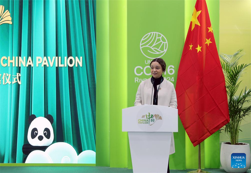 Naibu Katibu Mtendaji wa UNCCD Andrea Meza Murillo akizungumza kwenye ufunguzi wa Banda la China kwenye Mkutano wa 16 wa Nchi Watia saini (COP16) kwenye Mkataba wa Umoja wa Mataifa wa Kupambana na Hali ya Kuenea kwa Jangwa (UNCCD) mjini Riyadh, Saudi Arabia, Desemba 2, 2024. (Xinhua/Wang Dongzhen)