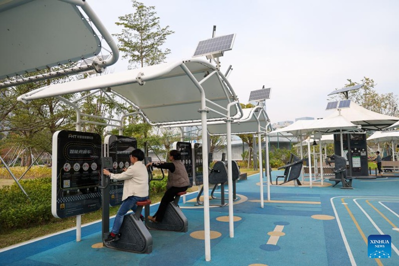 Watu wakifanya mazoezi kwa kutumia vifaa vya mazoezi vya teknolojia za kisasa kwenye bustani mjini Shenzhen, Mkoa wa Guangdong, kusini mwa China, Desemba 27, 2024. (Xinhua/Liang Xu)