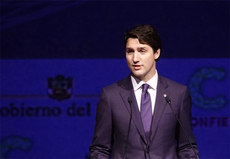 Waziri Mkuu wa Canada Justin Trudeau akizungumza katika Mkutano wa tatu wa Kilele wa Biashara wa Nchi za Amerika mjini Lima, Peru, Aprili 13, 2018. (Xinhua/Xu Rui)