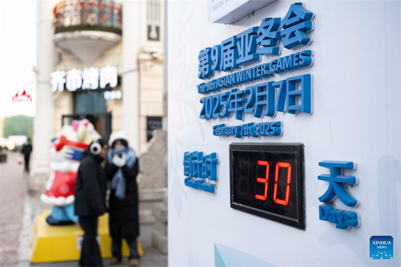 Picha iliyopigwa Januari 8, 2025 ikionyesha saa ya kuhesabu siku kuelekea Michezo ya 9 ya Majira ya Baridi ya Asia ya Harbin 2025 mjini Harbin, Mkoa wa Heilongjiang, kaskazini mashariki mwa China. (Xinhua/Xie Jianfei)