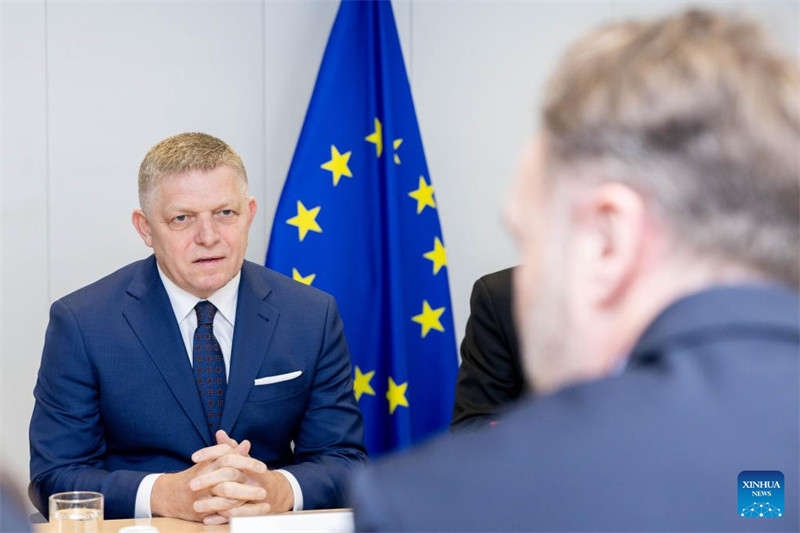 Waziri Mkuu wa Slovakia Robert Fico (Kulia) akikutana na Kamishna wa Nishati wa Umoja wa Ulaya (EU) Dan Jorgensen mjini Brussels, Ubelgiji, Januari 9, 2025. (Umoja wa Ulaya/kupitia Xinhua)