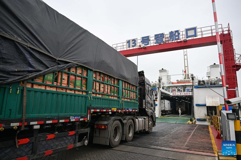 Lori lililopakia mazao bichi ya kilimo likipandishwa kwenye meli katika Bandari ya Xinhai mjini Haikou, Mkoani Hainan, kusini mwa China, Februari 3, 2025. (Xinhua/Pu Xiaoxu)