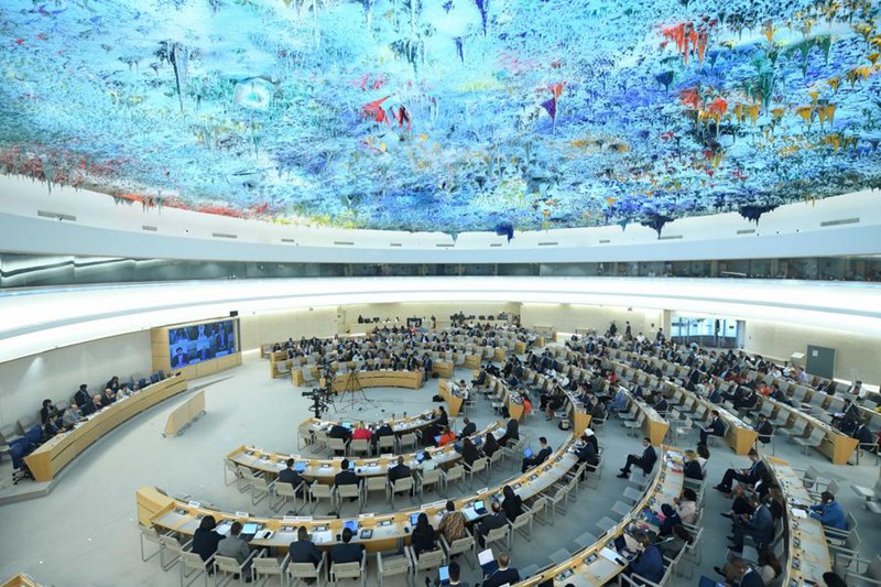 Wajumbe wakihudhuria kikao cha mkutano wa 56 wa Baraza la Haki za Kibinadamu la Umoja wa Mataifa mjini Geneva, Uswisi, Juni 18, 2024. (Xinhua/Lian Yi)