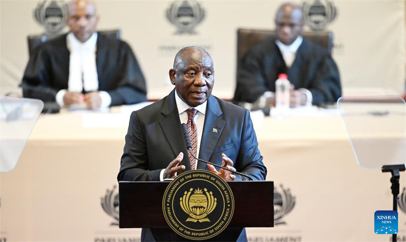 Rais Cyril Ramaphosa wa Afrika Kusini akitoa Hotuba kwa Taifa kwenye Ukumbi wa Jiji la Cape Town mjini Cape Town, Afrika Kusini, Februari 6, 2025. (Picha na Xabiso Mkhabela/Xinhua)