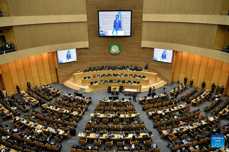 Picha iliyopigwa Februari 12 ikionesha kikao cha 46 cha kawaida cha Baraza la Utendaji la Umoja wa Afrika (AU) kwenye makao makuu ya AU huko Addis Ababa, Ethiopia. (Xinhua/Han Xu)