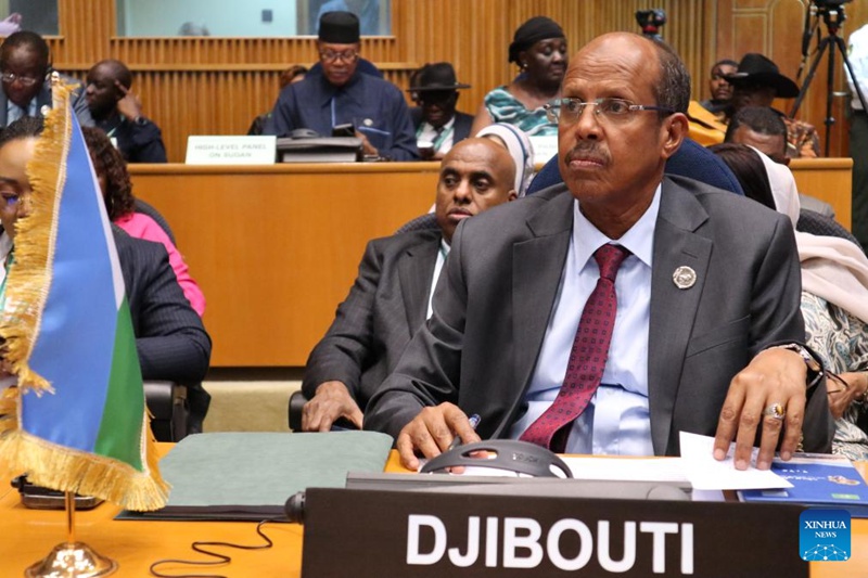 Picha hii iliyopigwa Februari 14, 2025 ikimuonyesha Waziri wa Mambo ya Nje na Ushirikiano wa Kimataifa wa Djibouti Mahamoud Ali Youssouf (mbele) akiwa Addis Ababa, Ethiopia. (Xinhua/Liu Fangqiang)