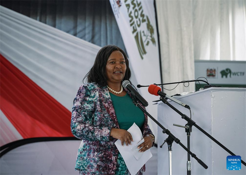 Rebecca Miano, waziri wa Wizara ya Utalii na Wanyamapori ya Kenya, akizungumza kwenye hafla ya kuadhimisha Siku ya Wanyamapori Duniani katika Kaunti ya Baringo, magharibi mwa Kenya, Machi 3, 2025. (Xinhua/Han Xu)