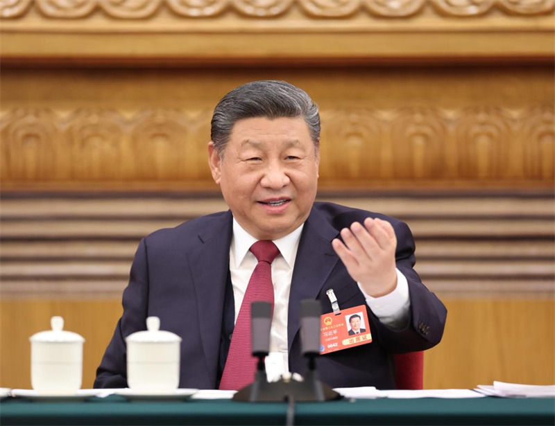 Rais Xi Jinping wa China, ambaye pia ni katibu mkuu wa Kamati Kuu ya Chama cha Kikomunisti cha China (CPC) na mwenyekiti wa Kamati Kuu ya Kijeshi ya China (CMC), akishiriki katika kikao cha mashauriano na majadiliano na wajumbe kutoka Mkoa wa Jiangsu kwenye mkutano wa tatu wa Bunge la 14 la Umma la China mjini Beijing, Machi 5, 2025. (Picha na Sheng Jiapeng /Xinhua)