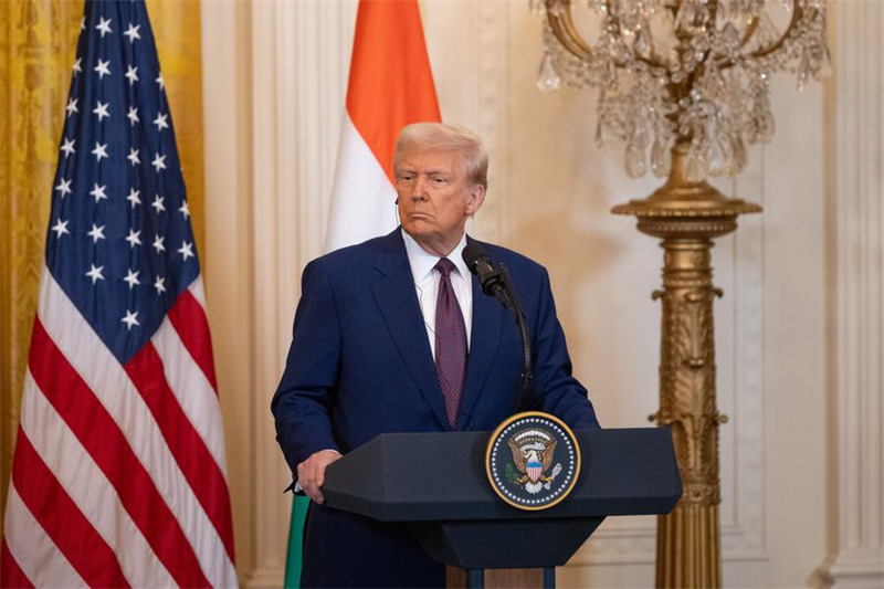 Rais wa Marekani Donald Trump akihudhuria mkutano na waandishi wa habari kwenye Ikulu ya White House mjini Washington, D.C., Marekani, Februari 14, 2025. (Xinhua/Hu Yousong)