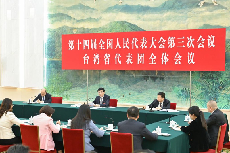 Wang Huning, mjumbe wa Kamati ya Kudumu ya Ofisi ya Siasa ya Kamati Kuu ya Chama cha Kikomunisti cha China (CPC) na mwenyekiti wa Kamati ya 14 ya Kitaifa ya Baraza la Mashauriano ya Kisiasa la China (CPPCC) akishiriki kwenye kikao cha majadiliano cha kundi la wajumbe wa Bunge la 14 la Umma la China kutoka Taiwan katika mkutano wa tatu wa Bunge hilo mjini Beijing, Mji Mkuu wa China, Machi 7, 2025. (Xinhua/Gao Jie)