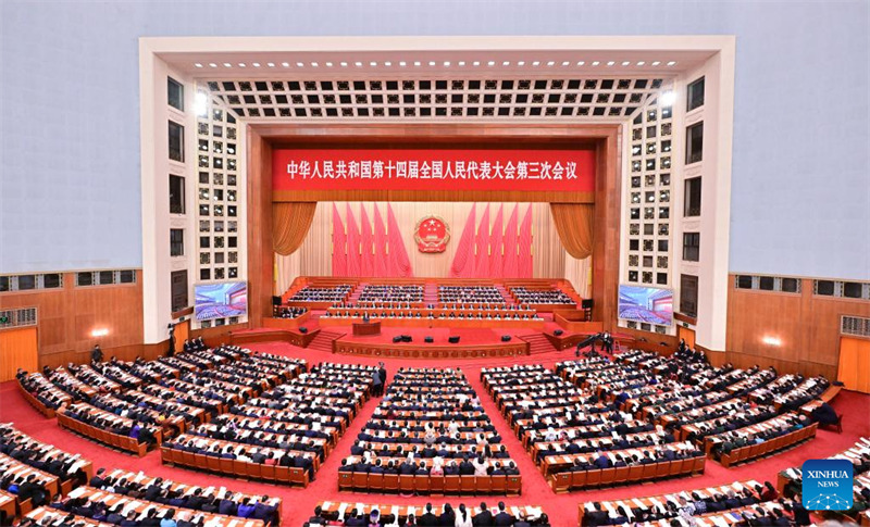 Kikao cha pili cha wajumbe wote cha Mkutano wa tatu wa Bunge la 14 la Umma la China ukifanyika kwenye Jumba la Mikutano ya Umma mjini Beijing, mji mkuu wa China, Machi 8, 2025. (Xinhua/Yue Yuewei)